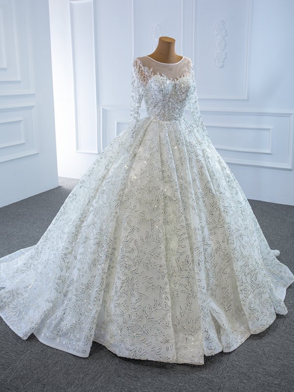 luxury model scoop neck long sleeve ball gown wedding dress 67193