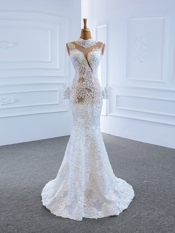 luxury model high neck long sleeve mermaid wedding dress 67195