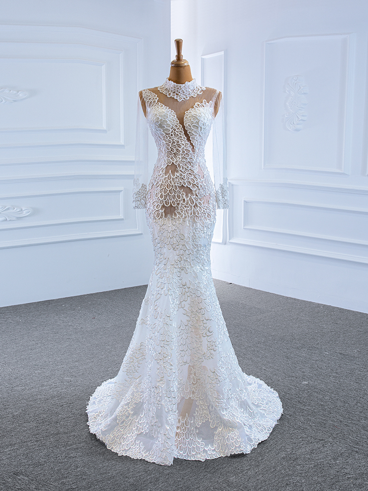 luxury model high neck long sleeve mermaid wedding dress 67195