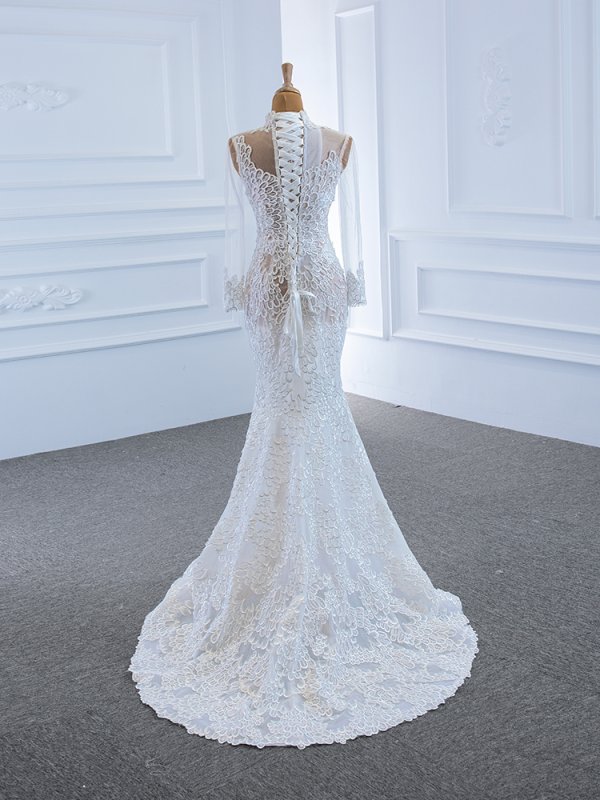 luxury model high neck long sleeve mermaid wedding dress 67195