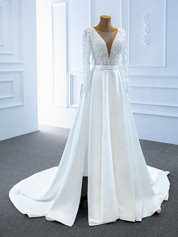 luxury model scoop neck long sleeve a line wedding dress 67197