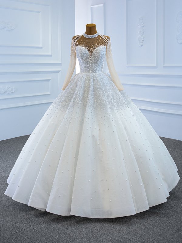 luxury model high neck long sleeve a line wedding dress 67198