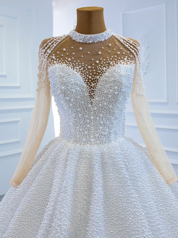 luxury model high neck long sleeve a line wedding dress 67198