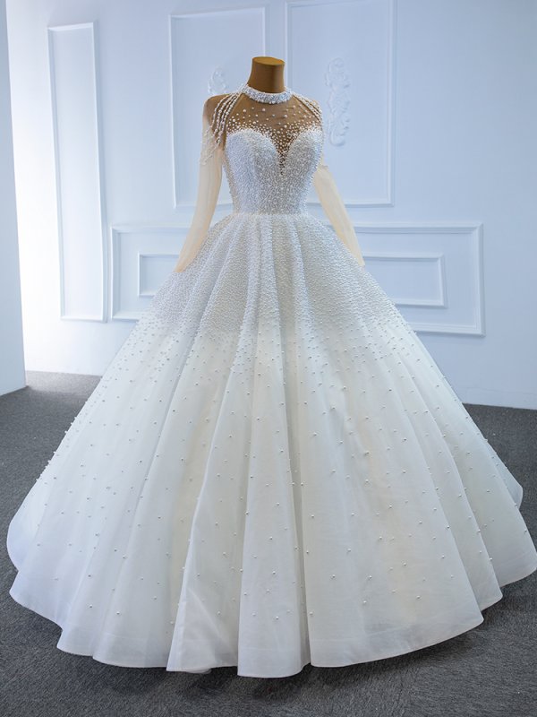 luxury model high neck long sleeve a line wedding dress 67198
