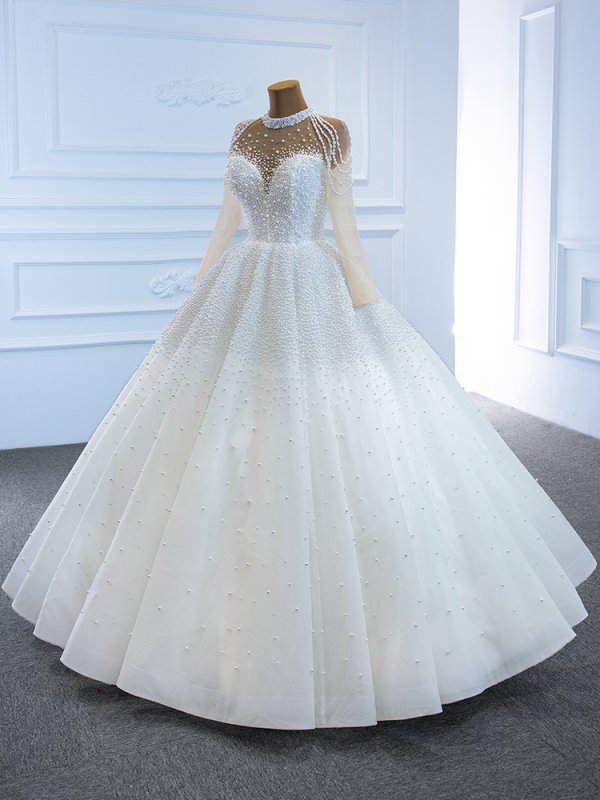 luxury model high neck long sleeve a line wedding dress 67198