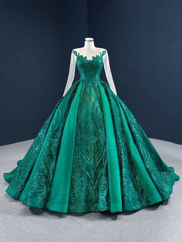 luxury model dark green long sleeve sequin ball gown prom dress 67201