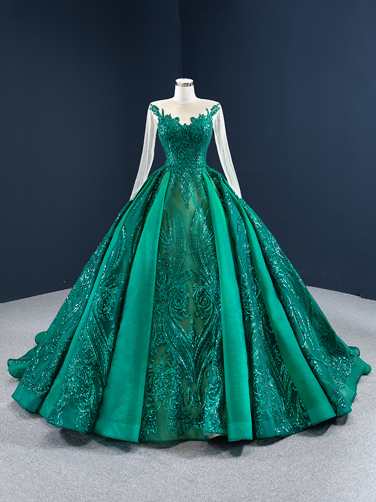 luxury model dark green long sleeve sequin ball gown prom dress 67201