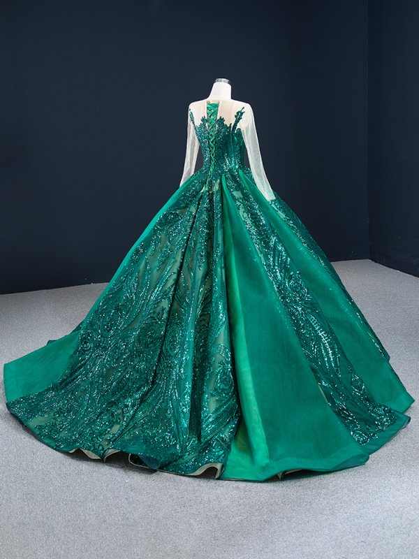 luxury model dark green long sleeve sequin ball gown prom dress 67201