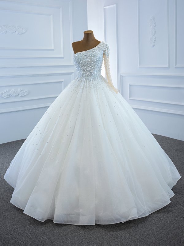 luxury model high one shoulder long sleeve a line wedding dress 67205