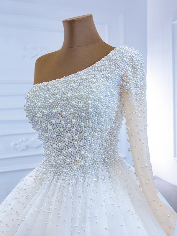 luxury model high one shoulder long sleeve a line wedding dress 67205