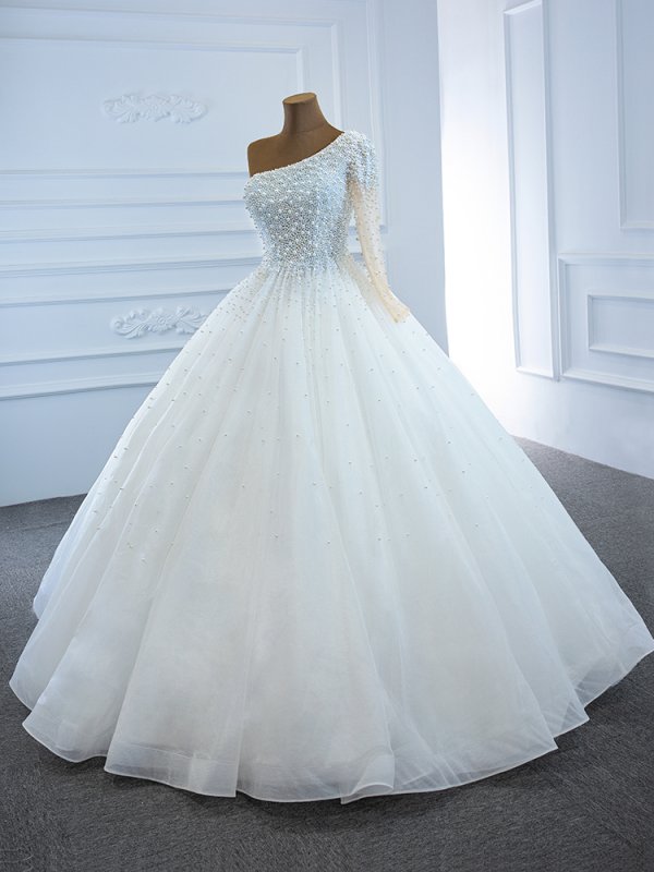 luxury model high one shoulder long sleeve a line wedding dress 67205