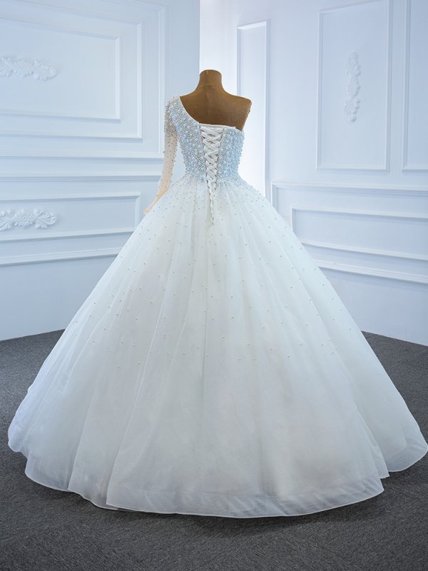 luxury model high one shoulder long sleeve a line wedding dress 67205