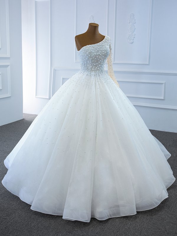 luxury model high one shoulder long sleeve a line wedding dress 67205