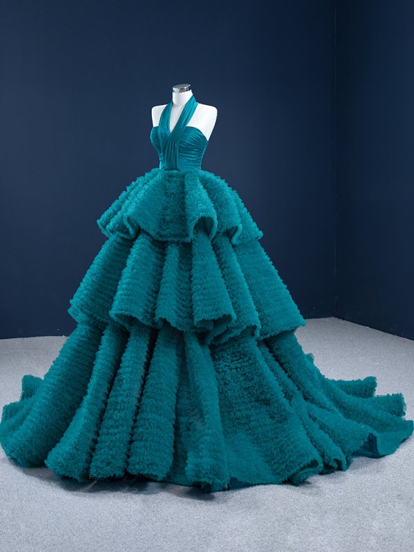 luxury model holter neck tiered tull ball gown quinceanera dress 67217 (复制)