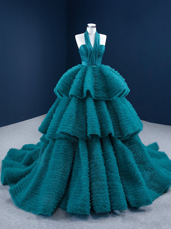 luxury model holter neck tiered tull ball gown quinceanera dress 67217 (复制)