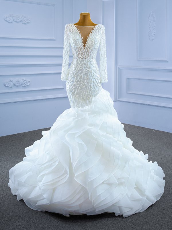 luxury model scoop neck long sleeve mermaid wedding dress 67269