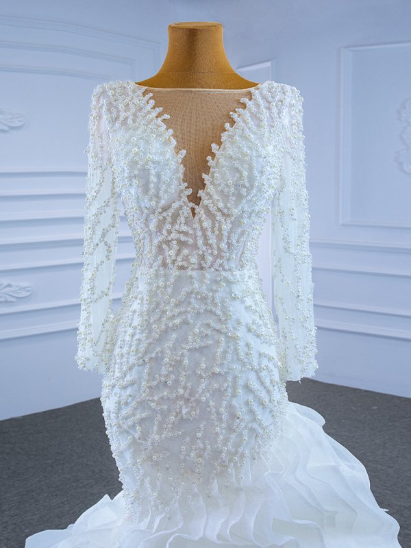 luxury model scoop neck long sleeve mermaid wedding dress 67269