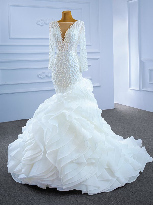 luxury model scoop neck long sleeve mermaid wedding dress 67269