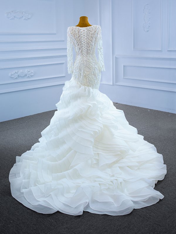 luxury model scoop neck long sleeve mermaid wedding dress 67269