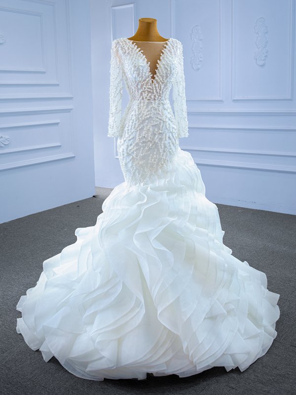 luxury model scoop neck long sleeve mermaid wedding dress 67269