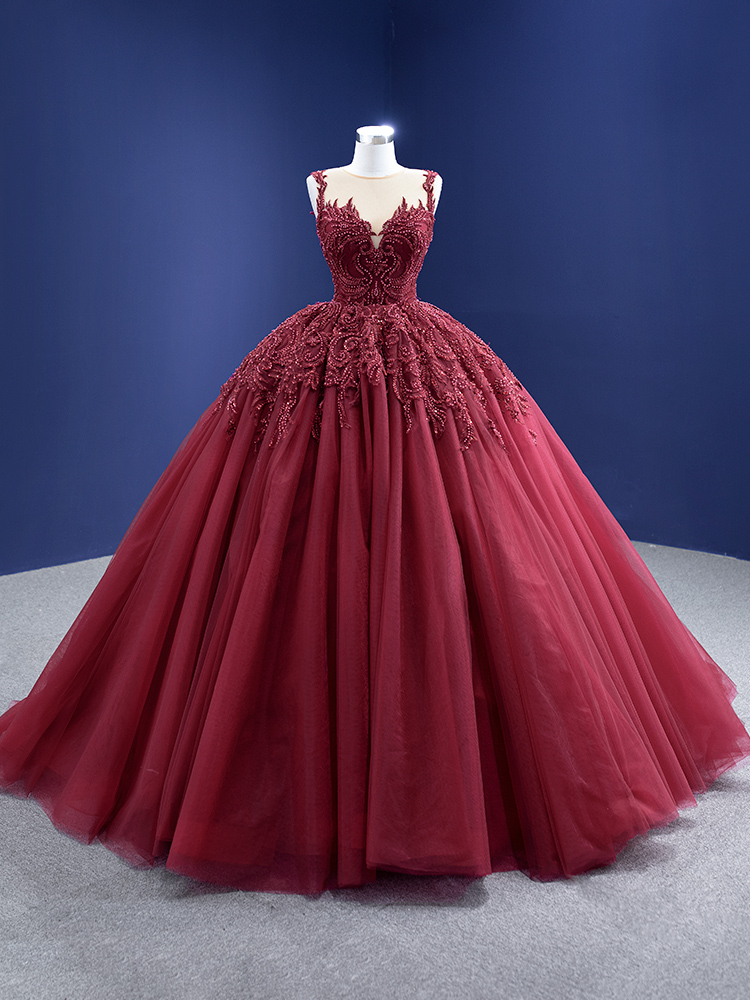 luxury model burgundy sleeveless beading tull ball gown quinceanera dress 67319