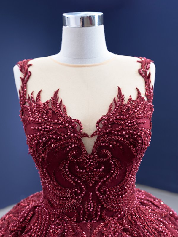luxury model burgundy sleeveless beading tull ball gown quinceanera dress 67319