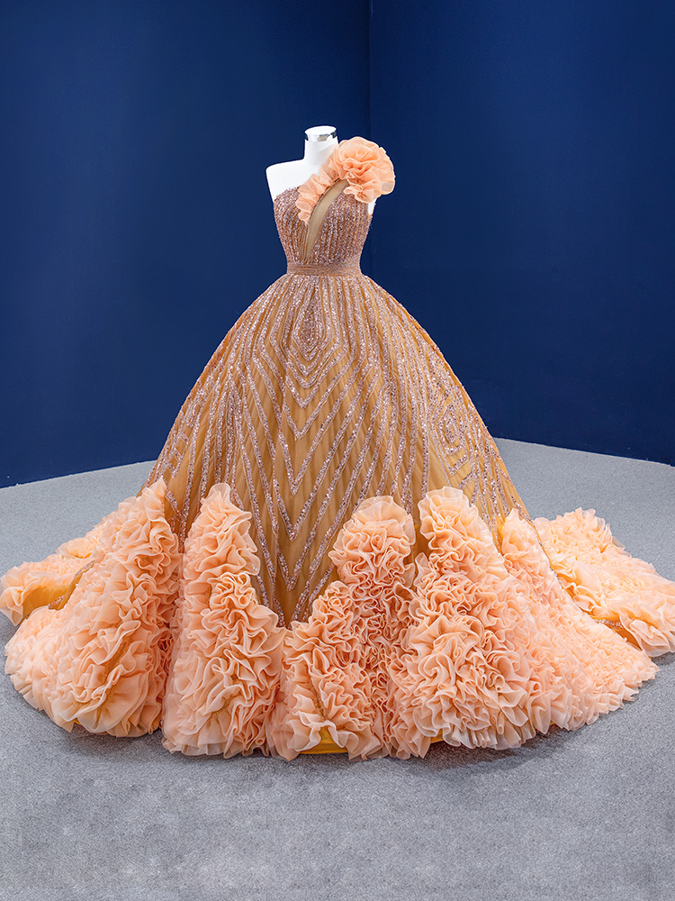 luxury model orange sleeveless reffles ball gown prom dress 67358