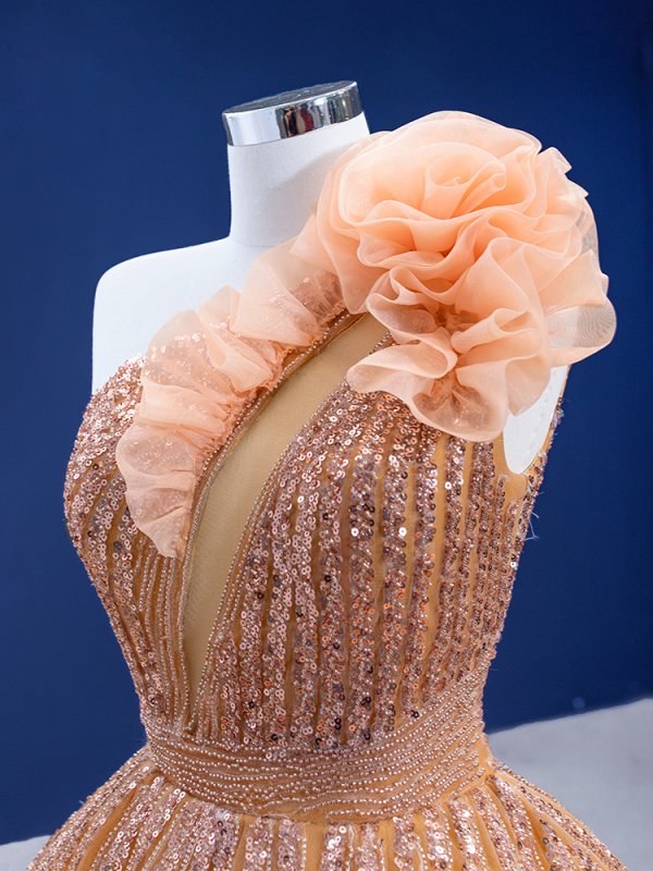 luxury model orange sleeveless reffles ball gown prom dress 67358