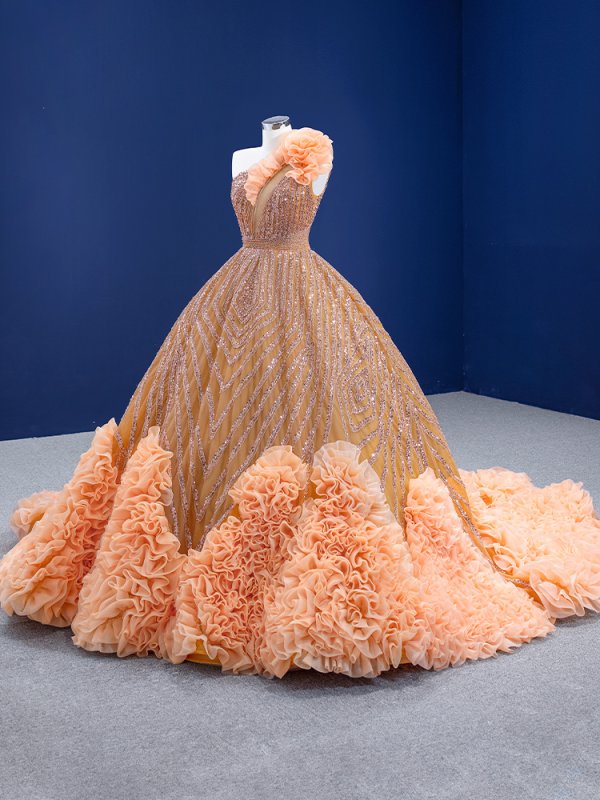luxury model orange sleeveless reffles ball gown prom dress 67358