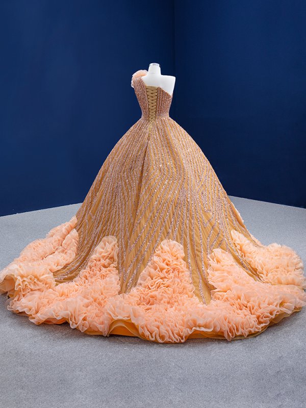 luxury model orange sleeveless reffles ball gown prom dress 67358