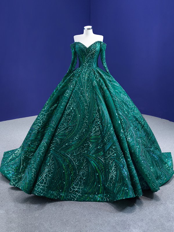 luxury model dark green long sleeve formal prom dress 67368