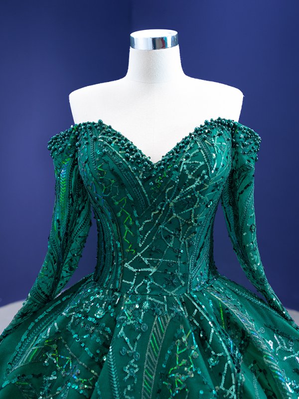 luxury model dark green long sleeve formal prom dress 67368