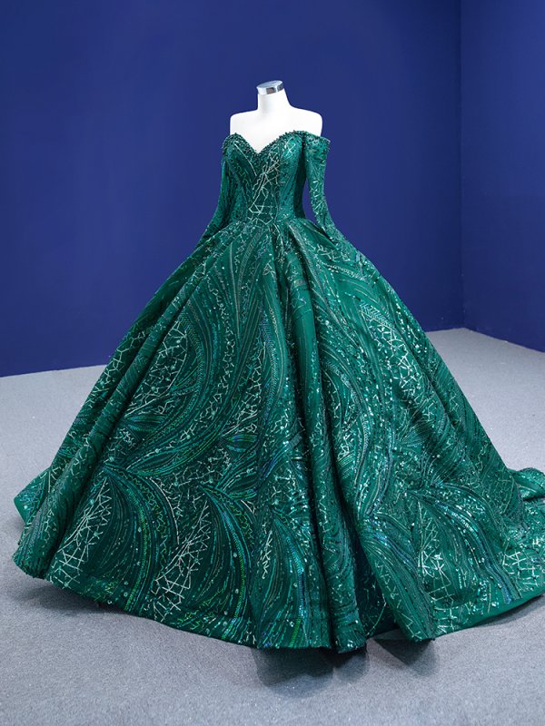 luxury model dark green long sleeve formal prom dress 67368