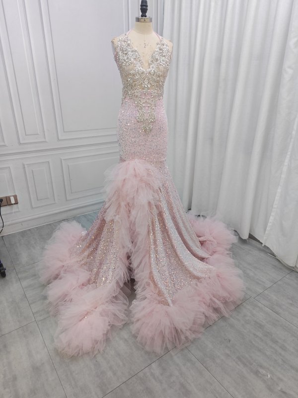 purple sleeveless beading halter long mermaid prom dress xy0012