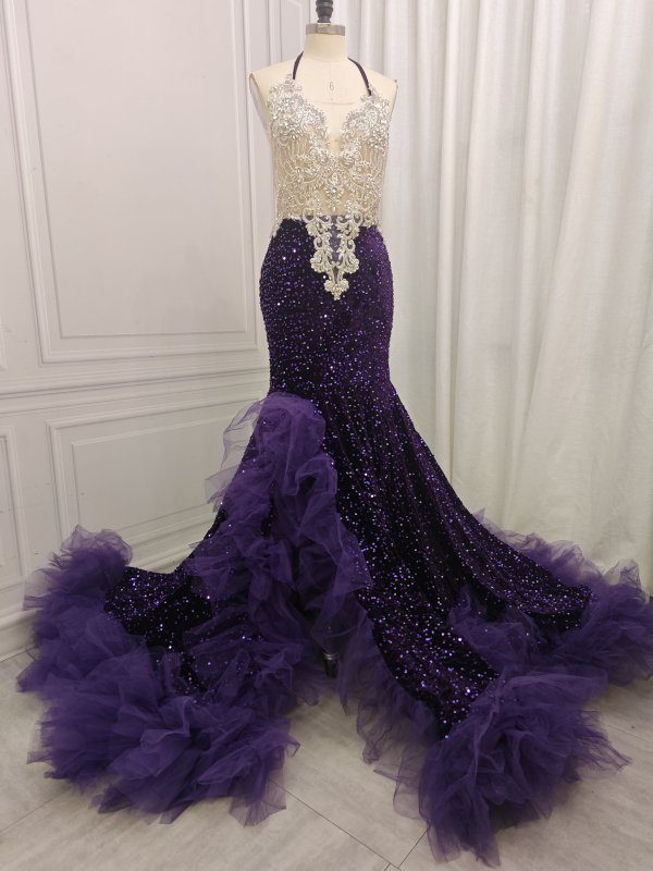 purple sleeveless beading halter long mermaid prom dress xy0012