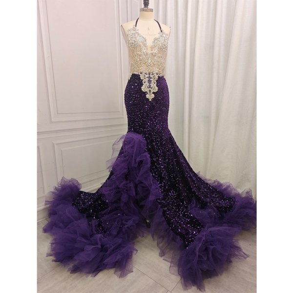 purple sleeveless beading halter long mermaid prom dress xy0012