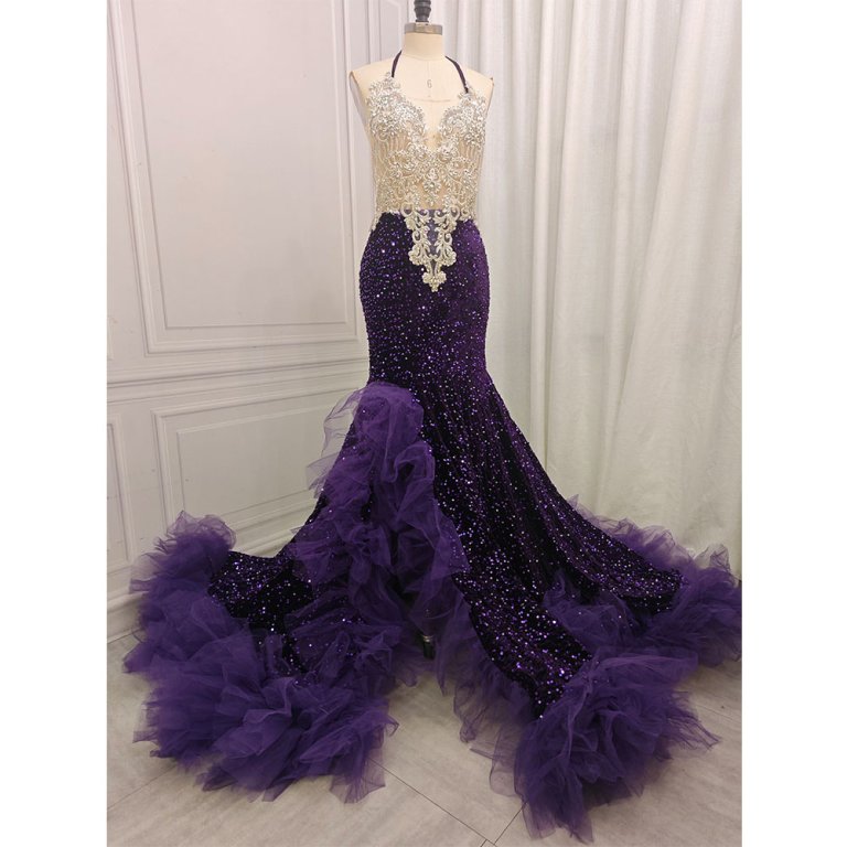 purple sleeveless beading halter long mermaid prom dress xy0012