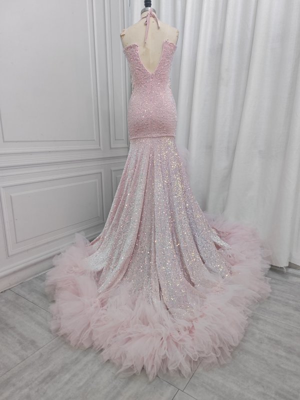 purple sleeveless beading halter long mermaid prom dress xy0012