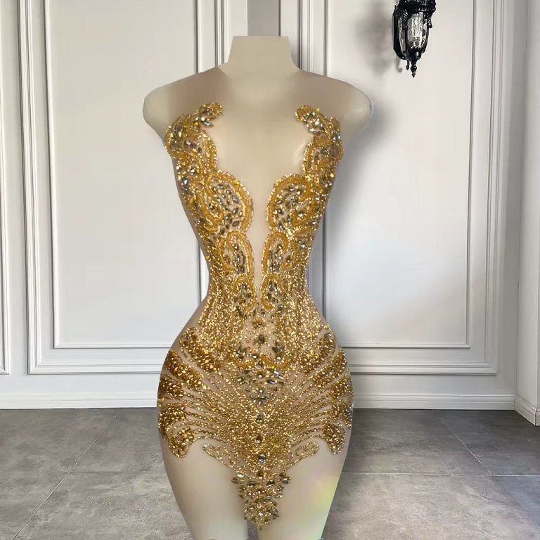 gold scoop neck beading short mermaid prom dress xy0018