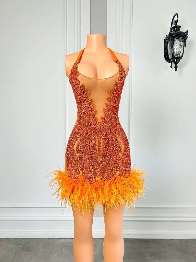 orange scoop neck beading feather short mermaid prom dress xy0019