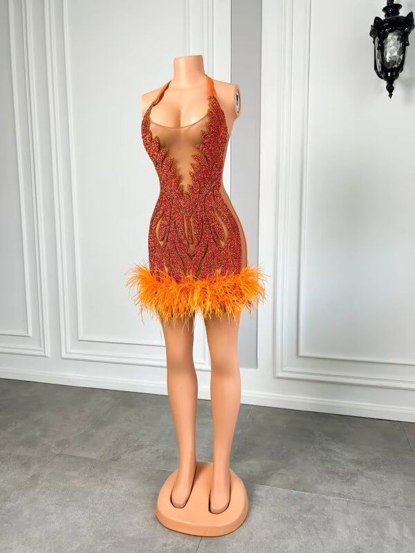 orange scoop neck beading feather short mermaid prom dress xy0019