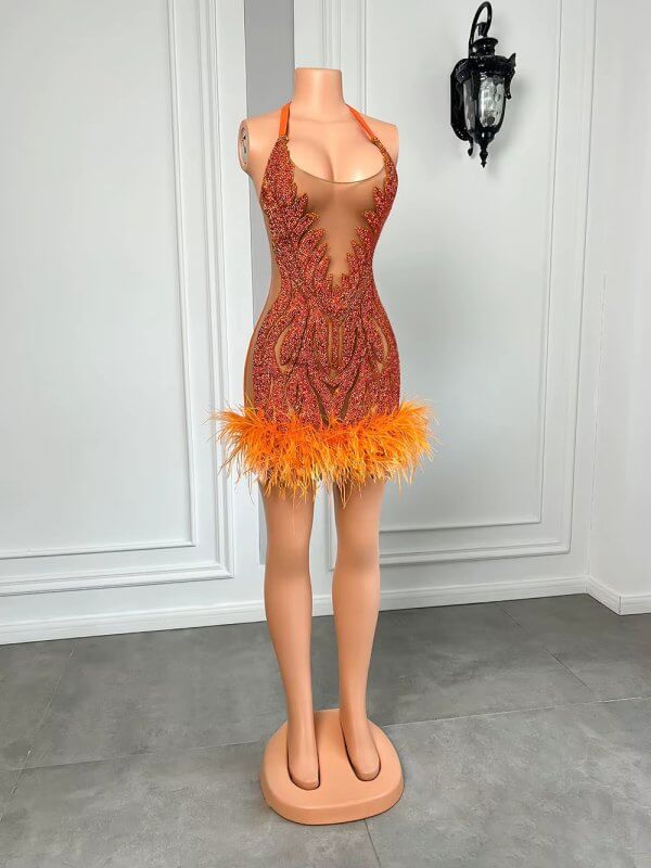 orange scoop neck beading feather short mermaid prom dress xy0019