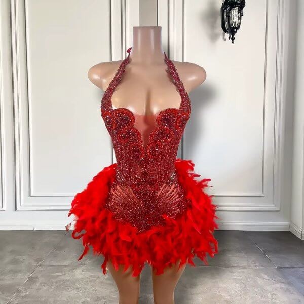 pink scoop neck beading feather short mermaid prom dress xy0021