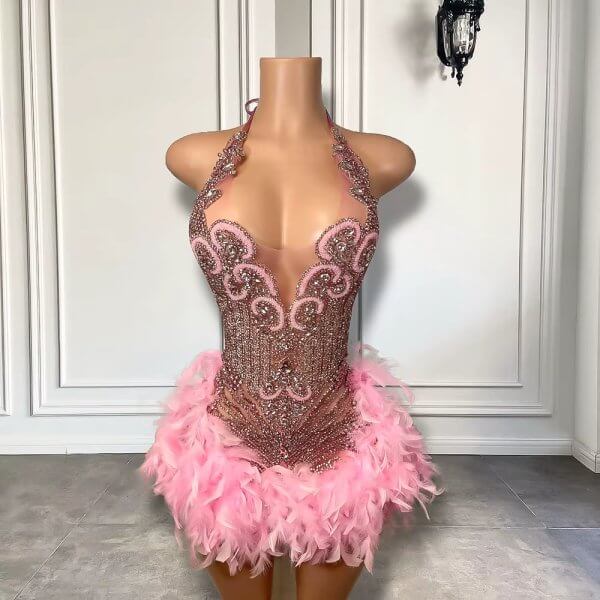 Pink Scoop Neck Beading Feather Short Mermaid Prom Dress XY0021