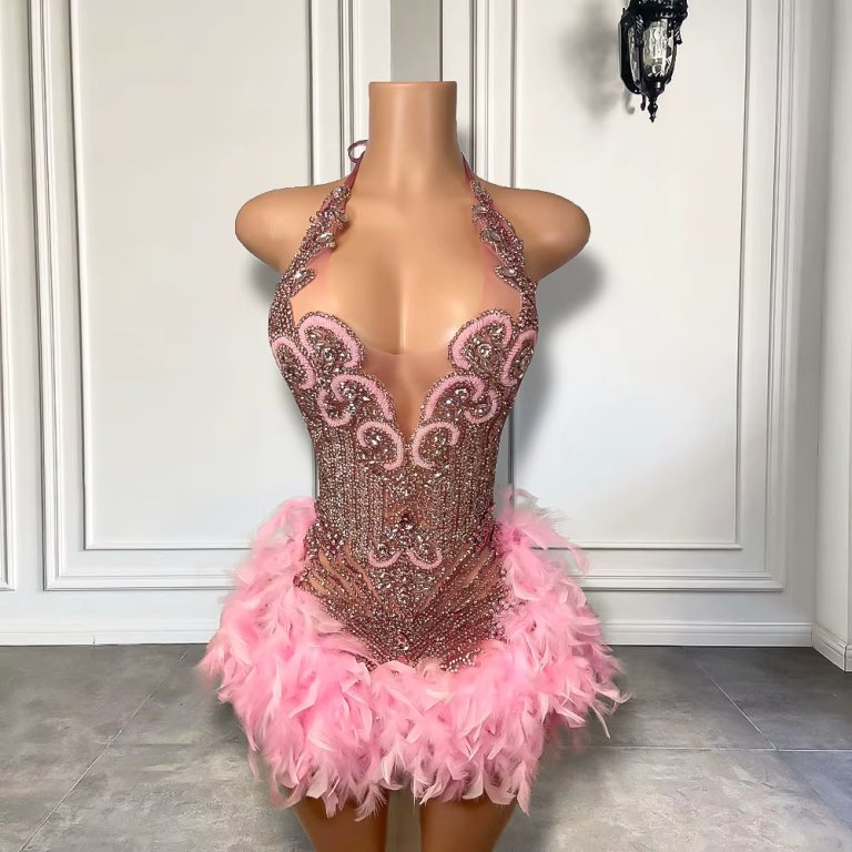 Pink Scoop Neck Beading Feather Short Mermaid Prom Dress XY0021