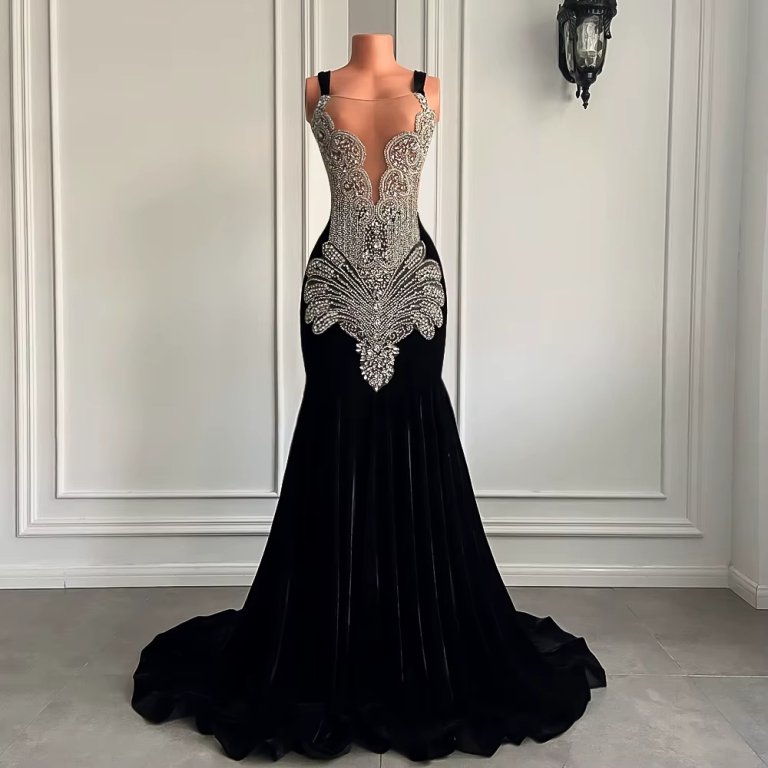 black scoop neck beading long mermaid prom dress xy0023