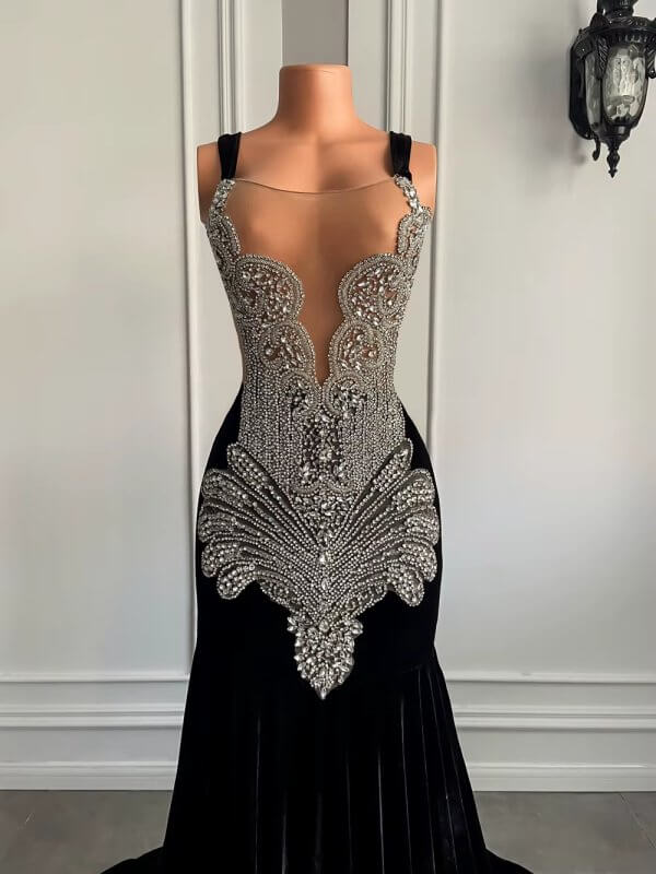 black scoop neck beading long mermaid prom dress xy0023