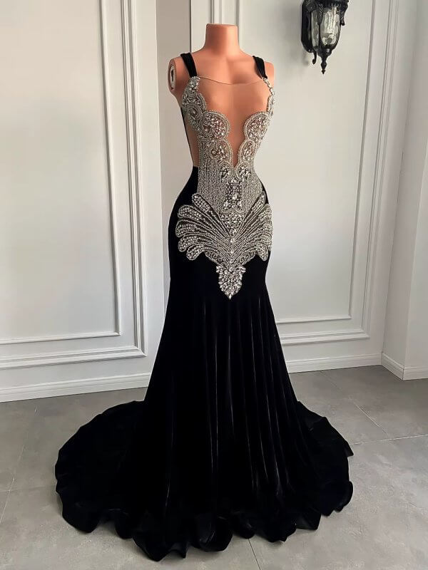 black scoop neck beading long mermaid prom dress xy0023
