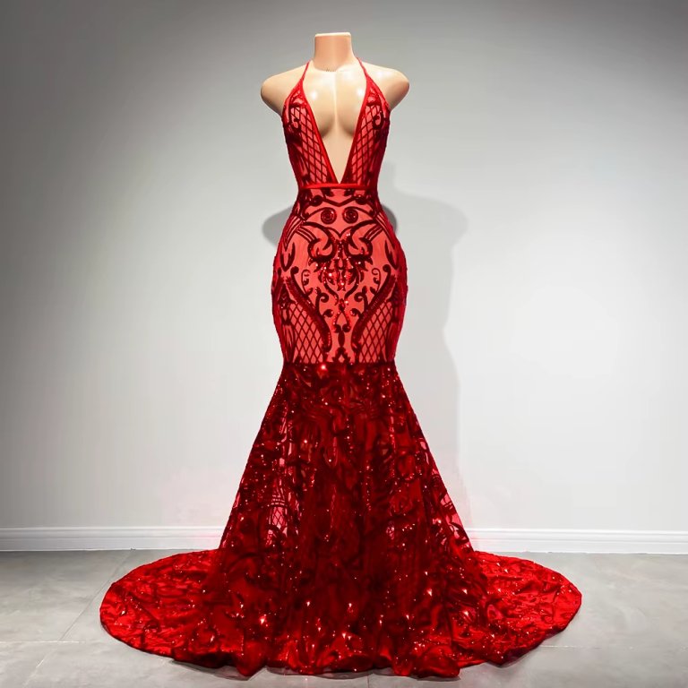 red sequin sleeveless long mermaid prom dress xy0024