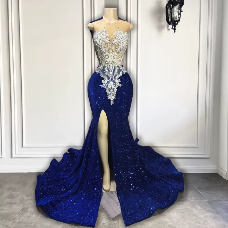 royal blue beaded sleeveless split long mermaid prom dress xy0025